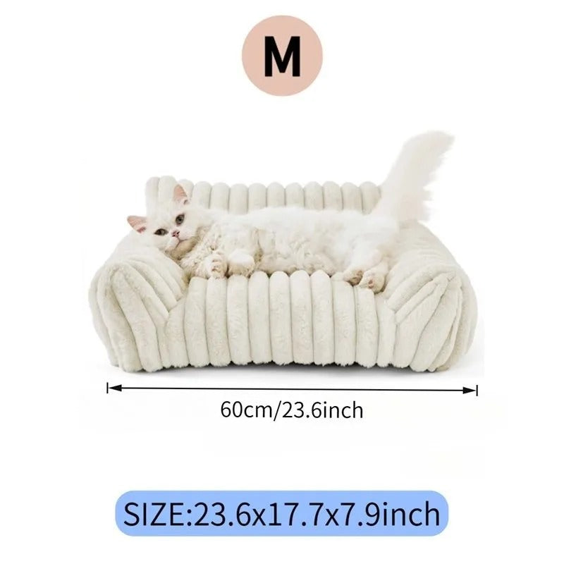 Fluffy Cat Couch Bed – Soft Corduroy Fleece Pet Sofa with Washable Cover