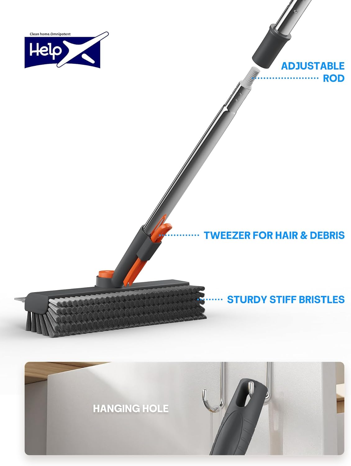Floor Scrub Brush with Long Handle & Squeegee, 3 in 1 Floor Scrubber