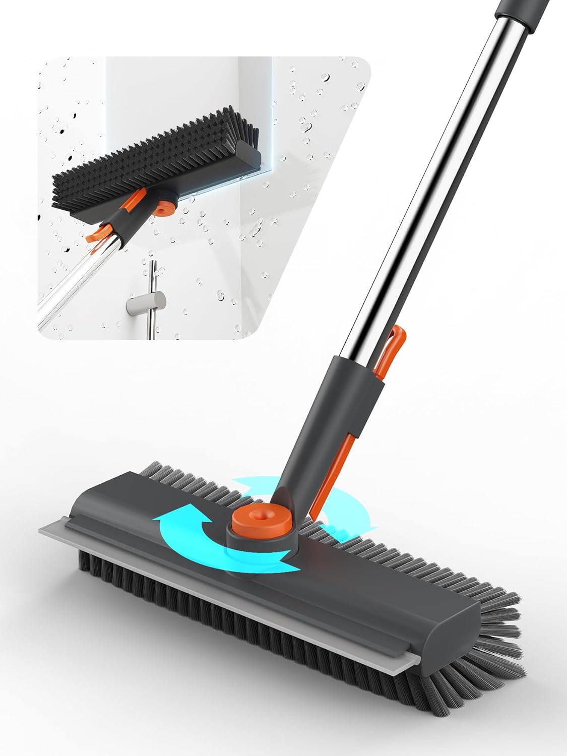 Floor Scrub Brush with Long Handle & Squeegee, 3 in 1 Floor Scrubber
