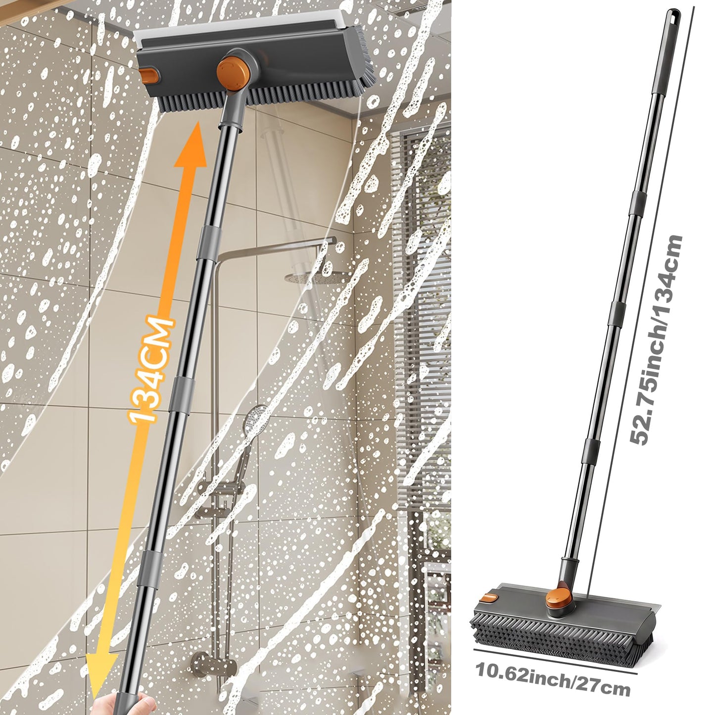 Floor Scrub Brush with Long Handle & Squeegee, 3 in 1 Floor Scrubber