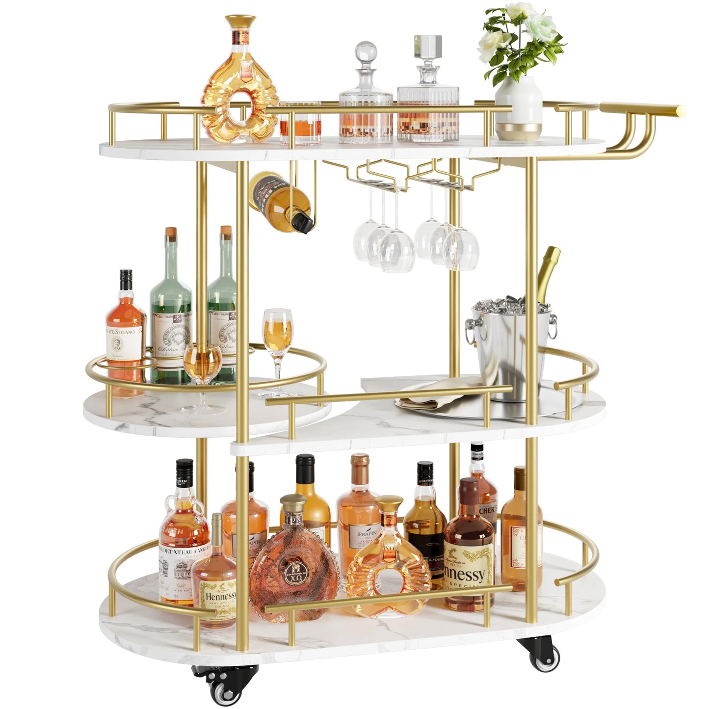 Gold 3-Tier Bar Cart with Wine Rack & Glass Holder