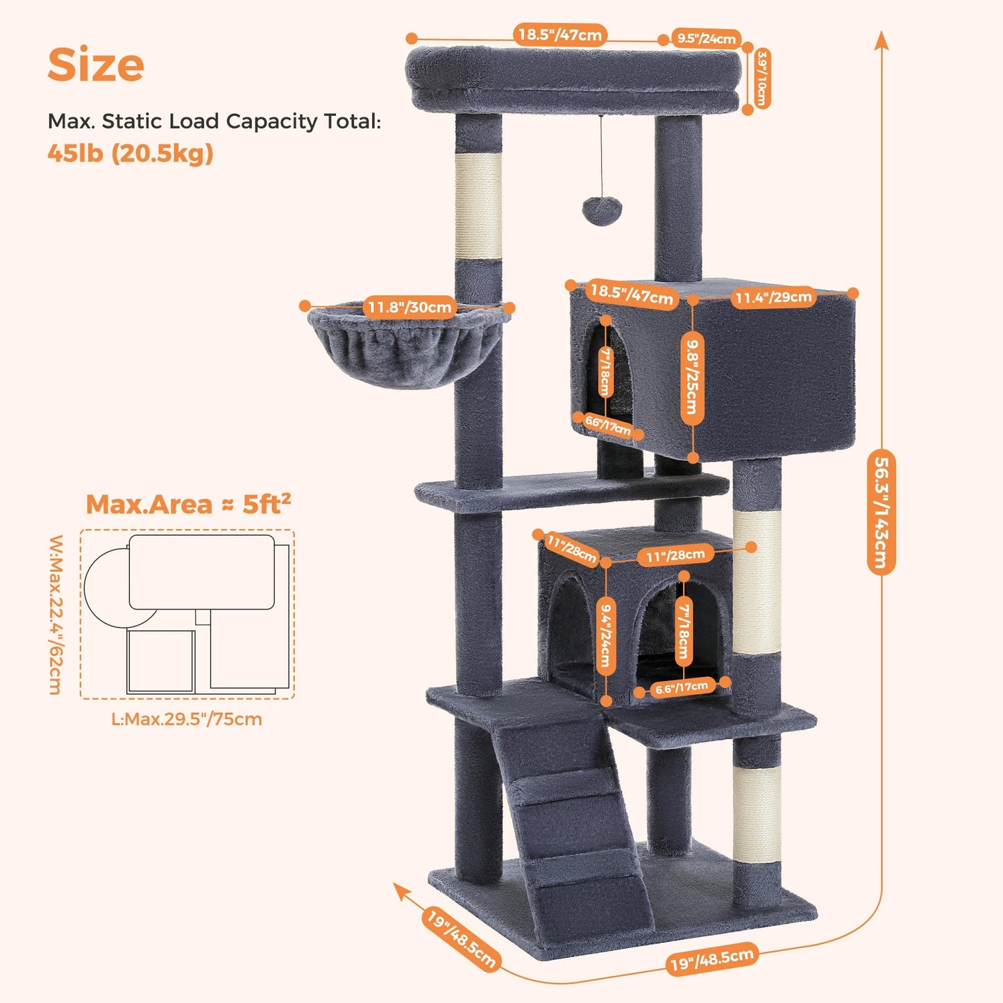Cat Tree Tower with Plush Perch, Hammock & Sisal Scratching Posts