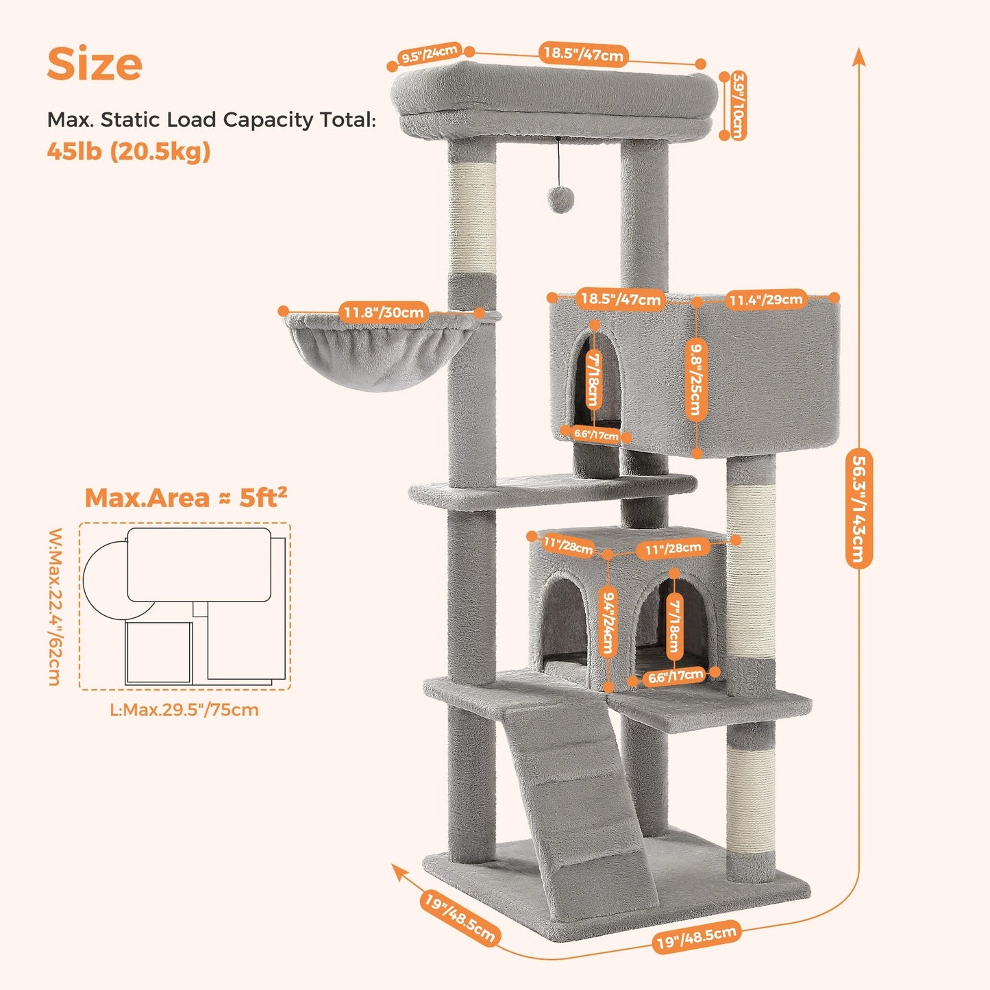 Cat Tree Tower with Plush Perch, Hammock & Sisal Scratching Posts
