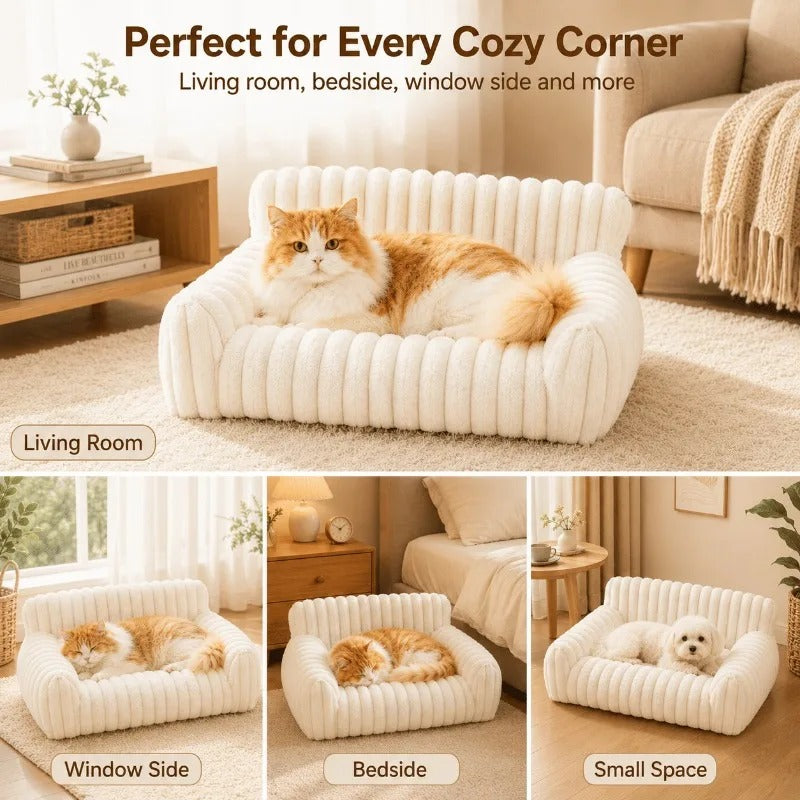 Fluffy Cat Couch Bed – Soft Corduroy Fleece Pet Sofa with Washable Cover