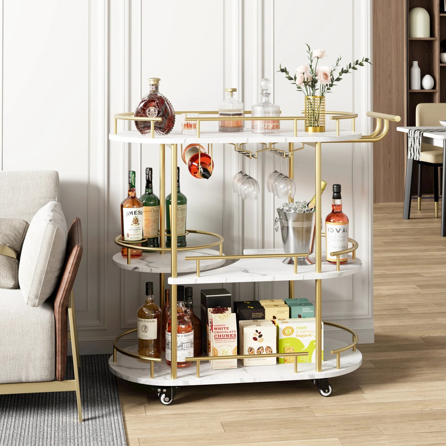 Gold 3-Tier Bar Cart with Wine Rack & Glass Holder