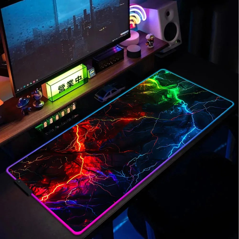 Xxl Gaming Mouse Pad Gamer Rgb An Energy Storm Interwoven With Multi-colored Lightning Back Light Table Mat Led Mousepad Deskmat
