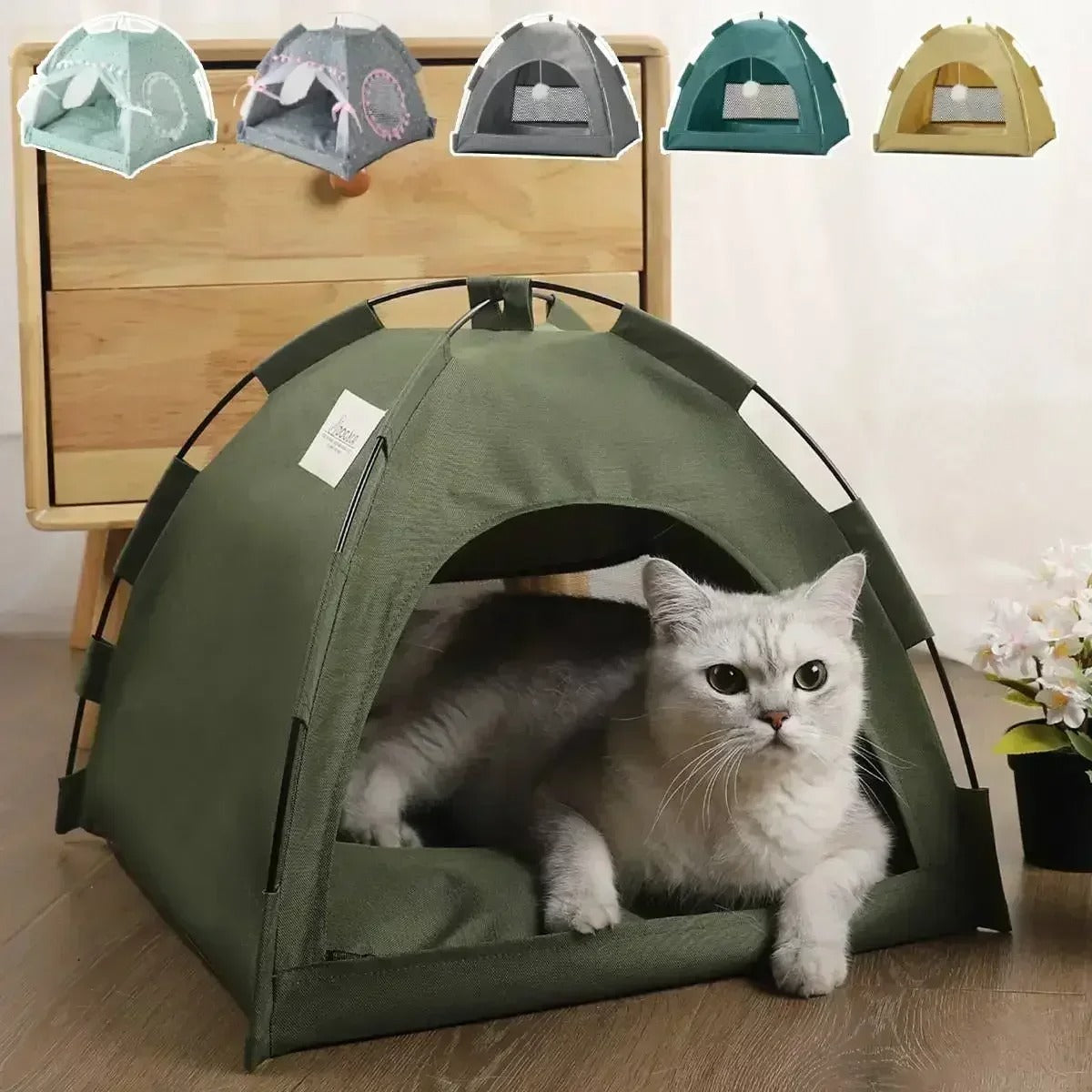 Pet Tent Bed – Semi-Enclosed Cat & Dog Cave with Removable Cushion