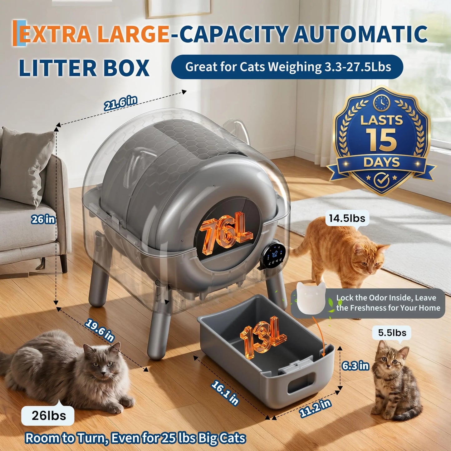 72L Automatic Self-Cleaning Cat Litter Box – App-Controlled, Odor Control