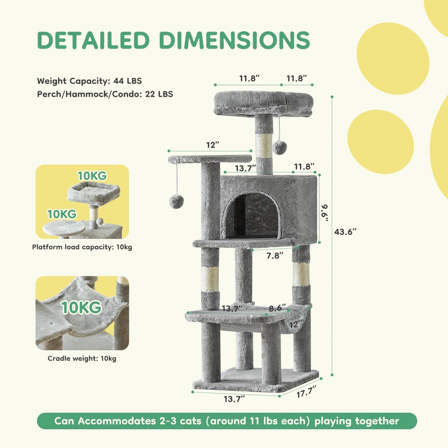 JHK 44-Inch Cat Tree – Multi-Level Cat Tower with Scratching Posts