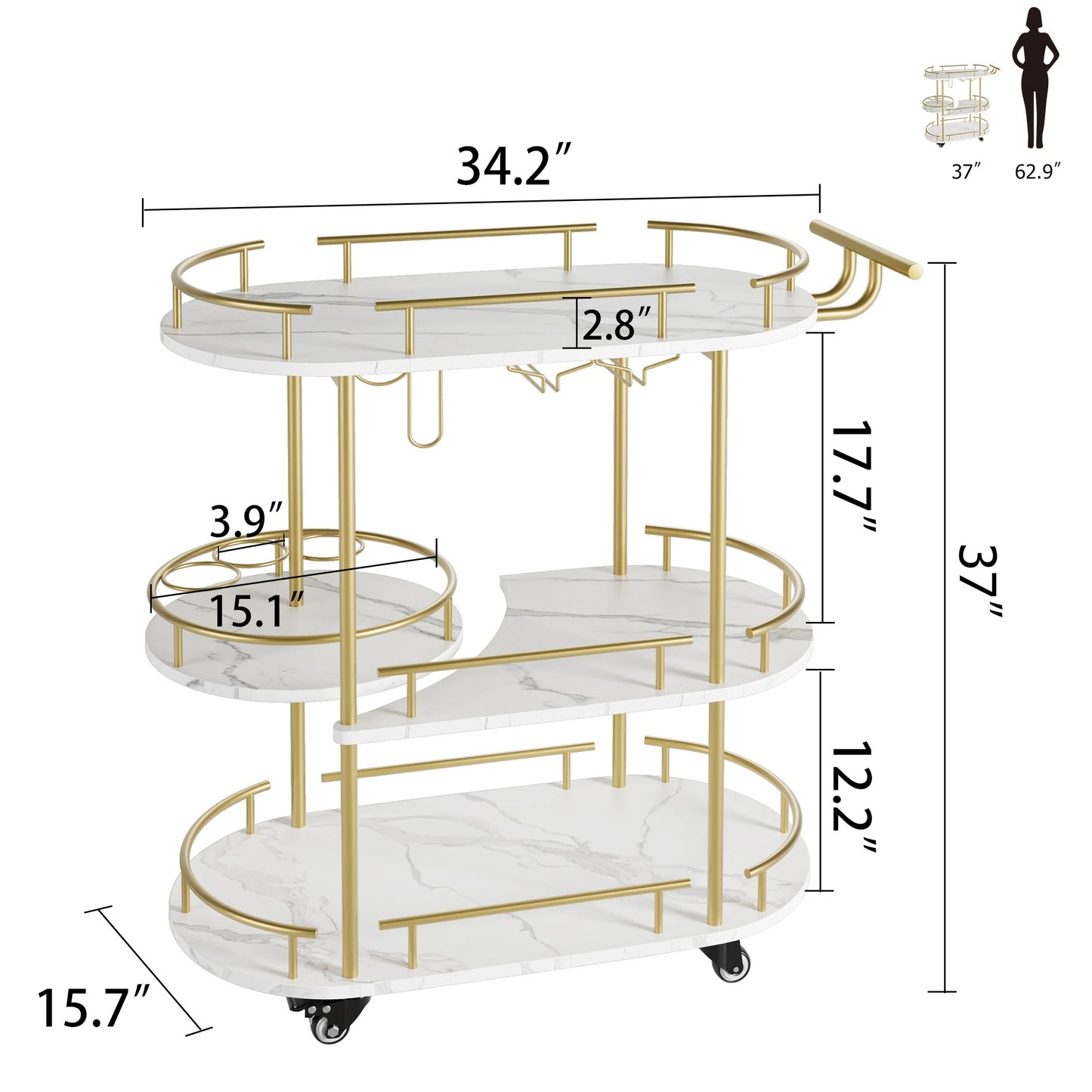 Gold 3-Tier Bar Cart with Wine Rack & Glass Holder