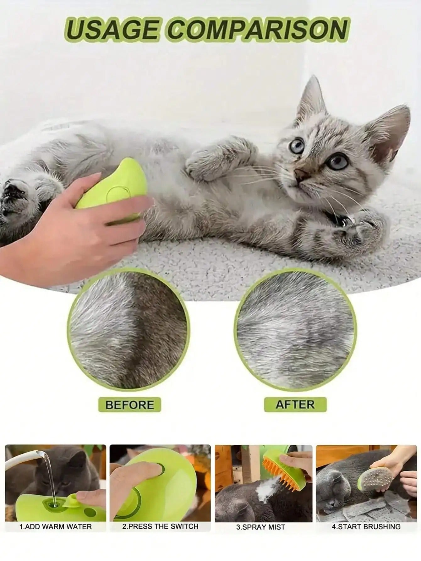 Cat Steam Grooming Brush – Gentle Hair Remover & Deshedding Brush