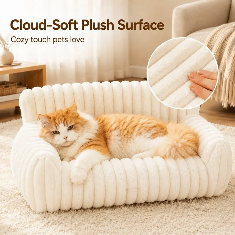Fluffy Cat Couch Bed – Soft Corduroy Fleece Pet Sofa with Washable Cover