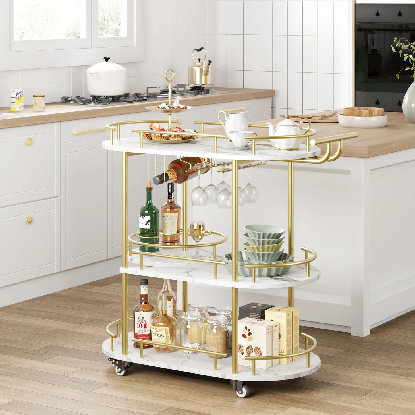 Gold 3-Tier Bar Cart with Wine Rack & Glass Holder