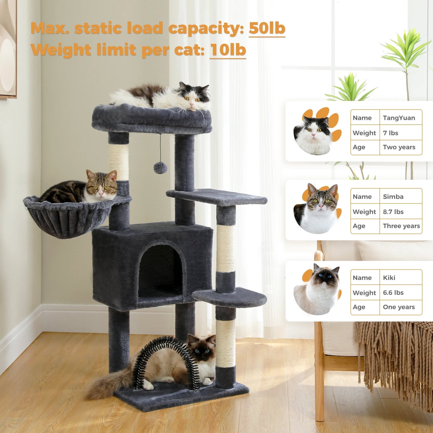 Cat Tree Tower with Plush Perch, Hammock & Sisal Scratching Posts