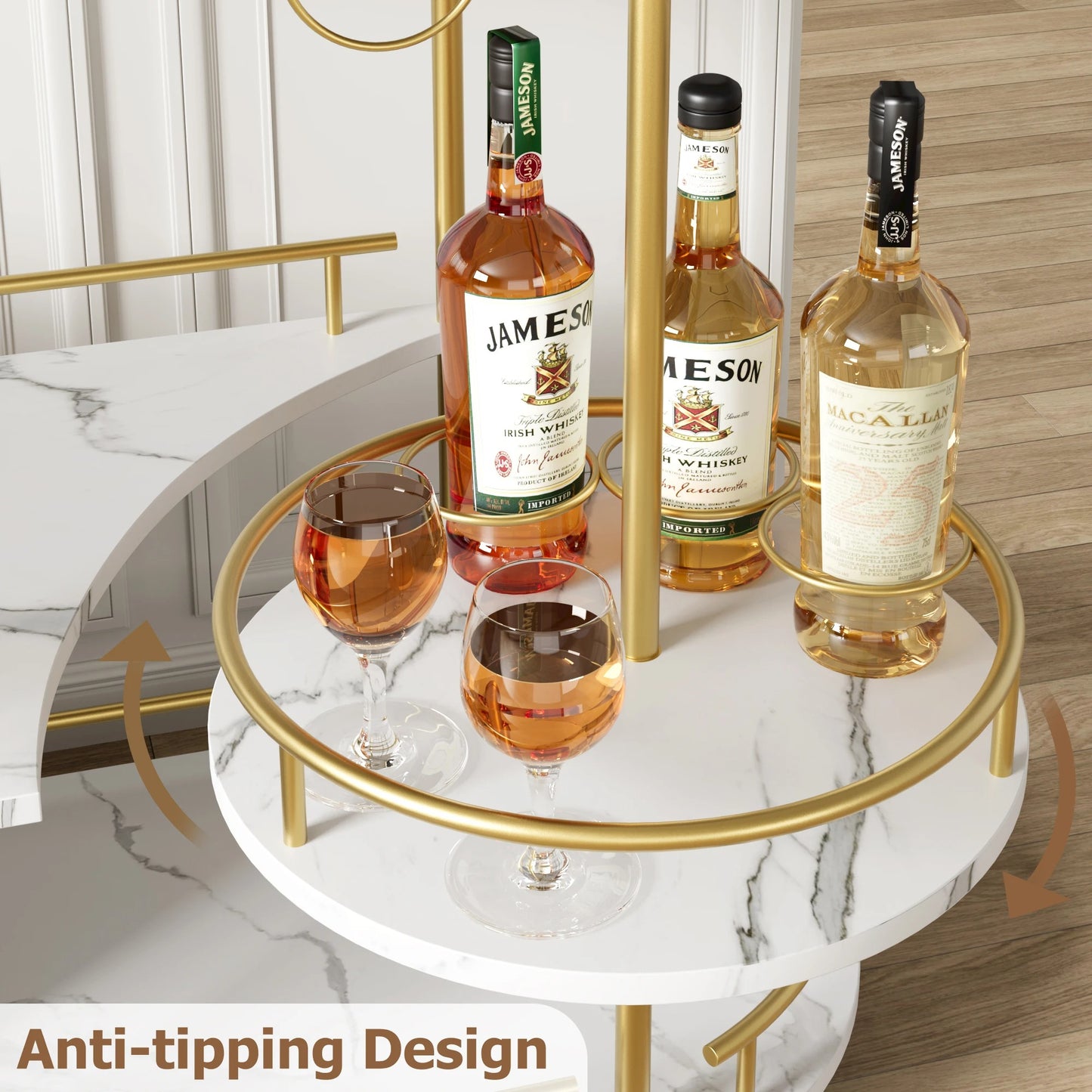 Gold 3-Tier Bar Cart with Wine Rack & Glass Holder