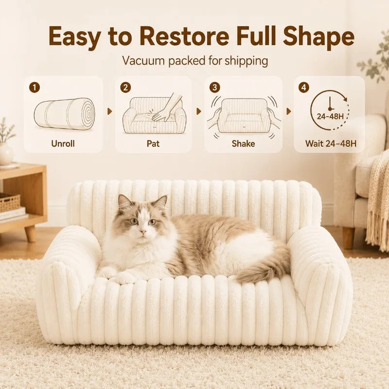 Fluffy Cat Couch Bed – Soft Corduroy Fleece Pet Sofa with Washable Cover