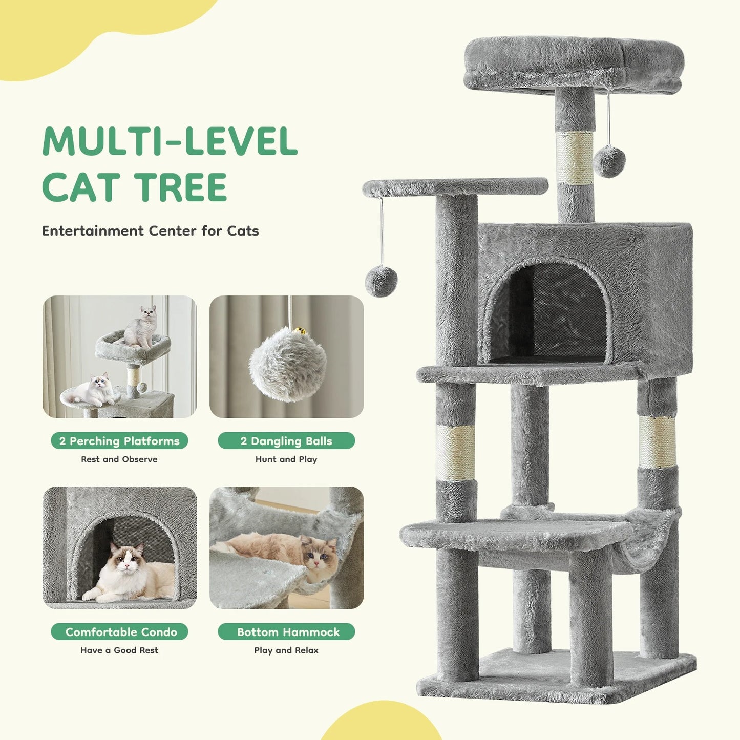 JHK 44-Inch Cat Tree – Multi-Level Cat Tower with Scratching Posts