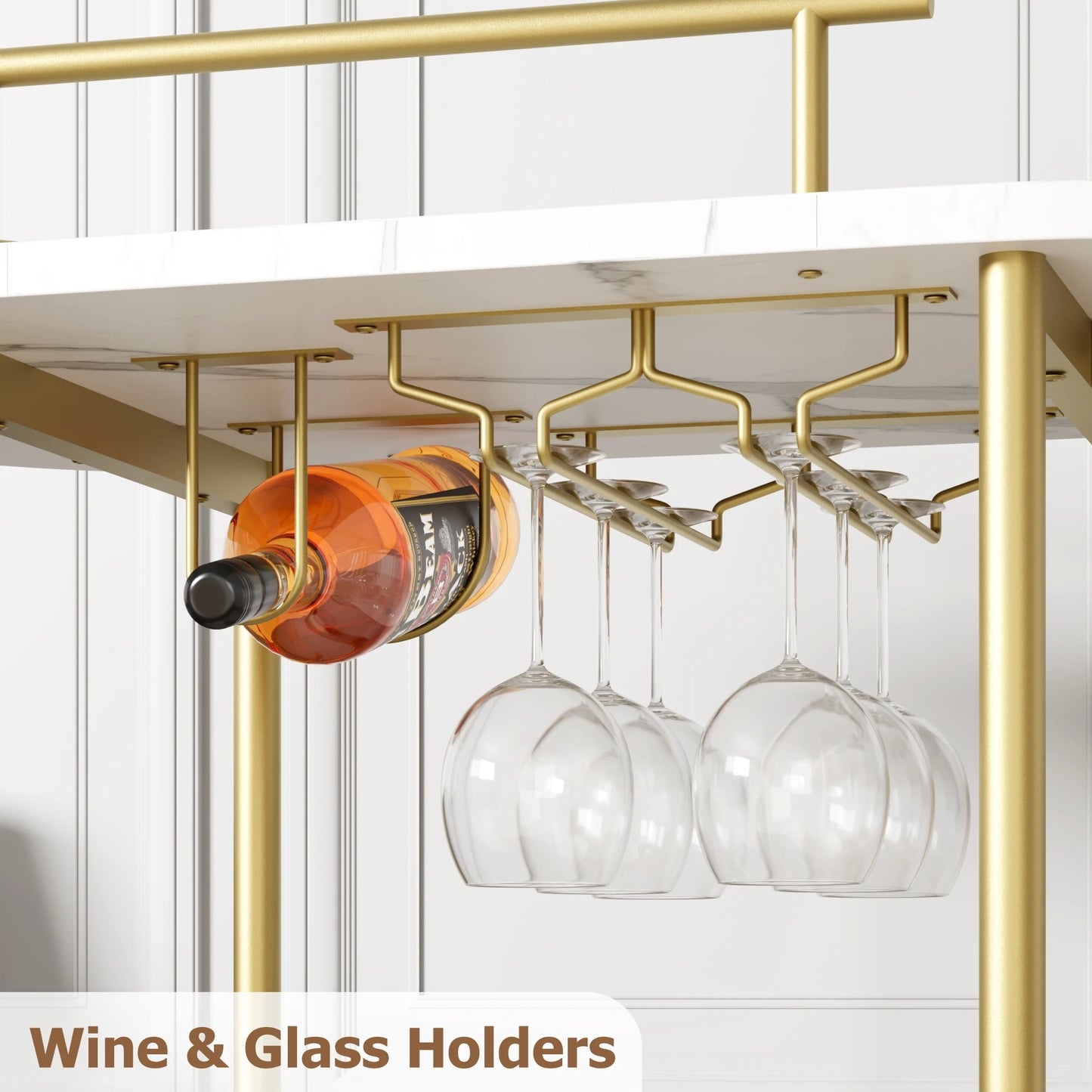 Gold 3-Tier Bar Cart with Wine Rack & Glass Holder