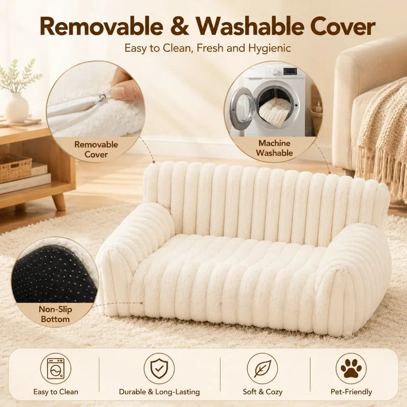 Fluffy Cat Couch Bed – Soft Corduroy Fleece Pet Sofa with Washable Cover