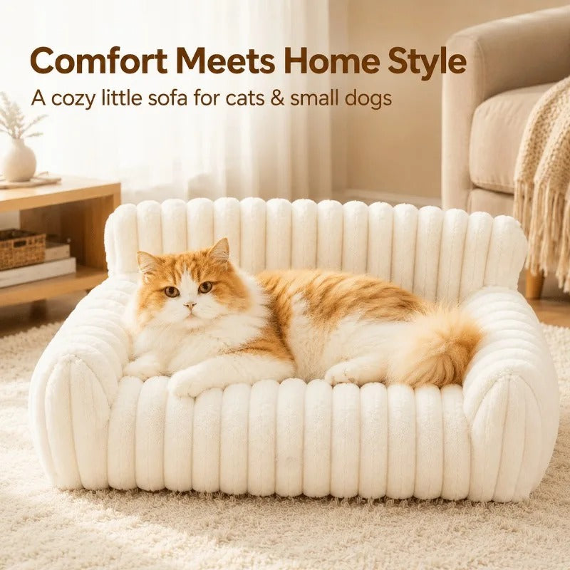 Fluffy Cat Couch Bed – Soft Corduroy Fleece Pet Sofa with Washable Cover