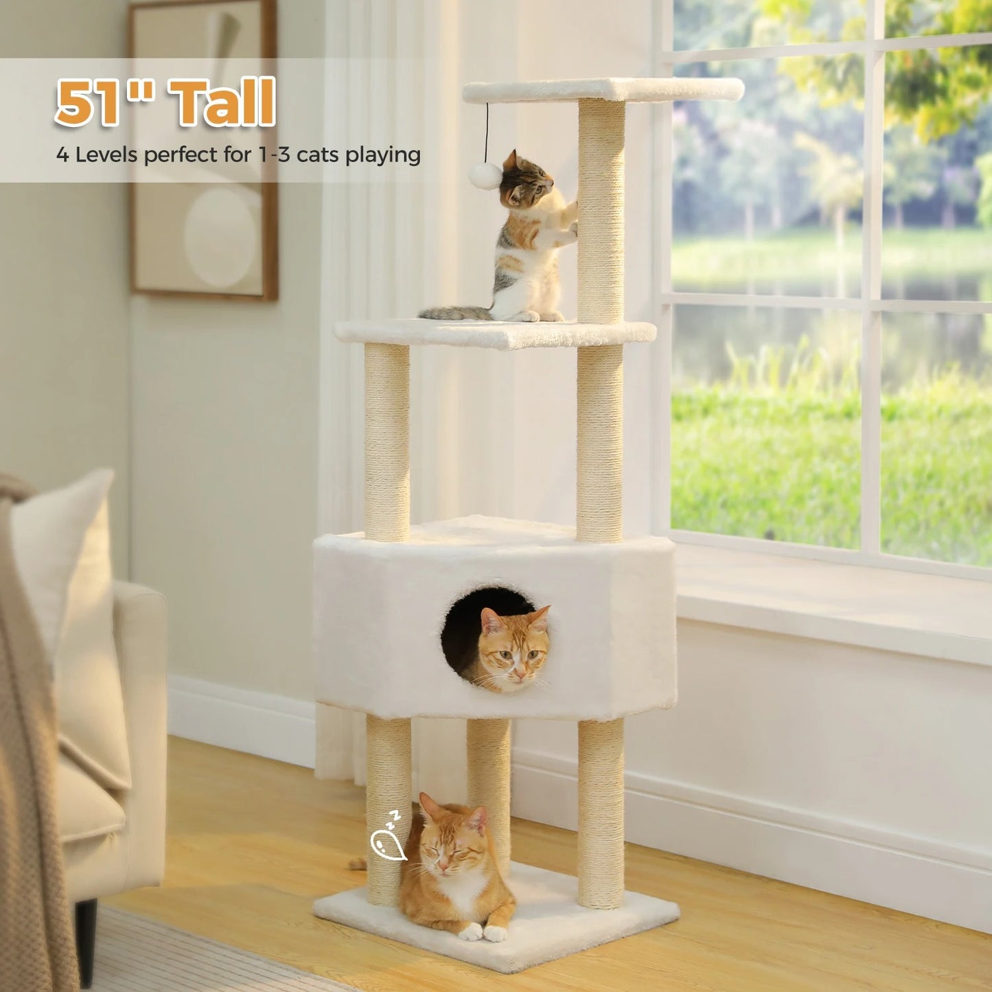 Cat Tree Tower with Plush Perch, Hammock & Sisal Scratching Posts