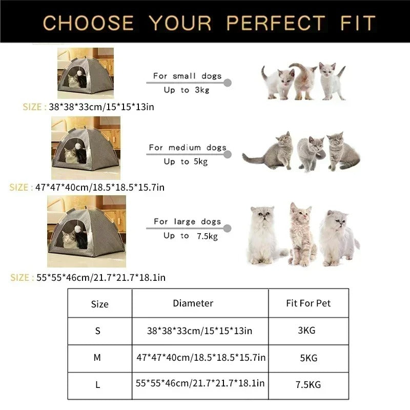 Pet Tent Bed – Semi-Enclosed Cat & Dog Cave with Removable Cushion