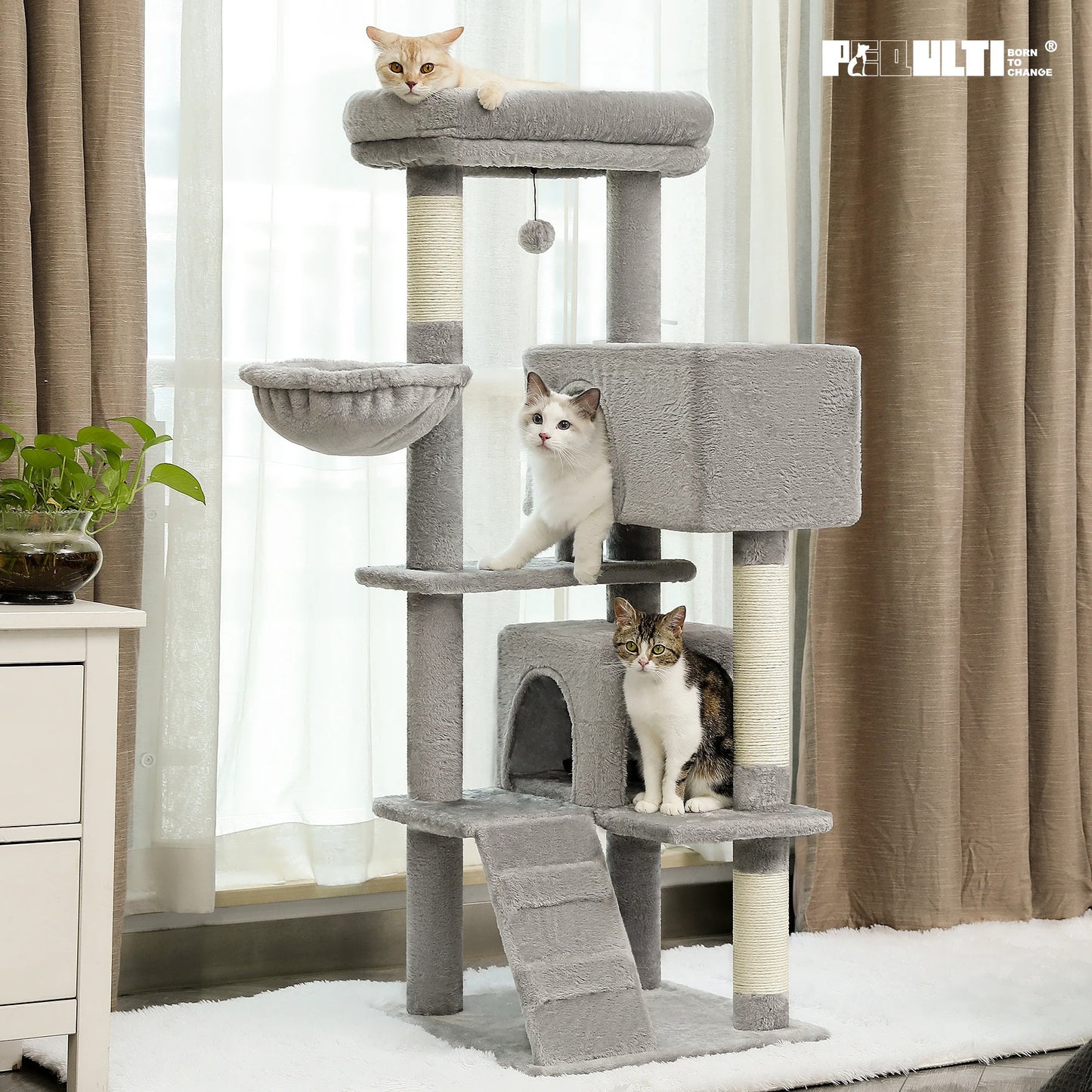 Cat Tree Tower with Plush Perch, Hammock & Sisal Scratching Posts