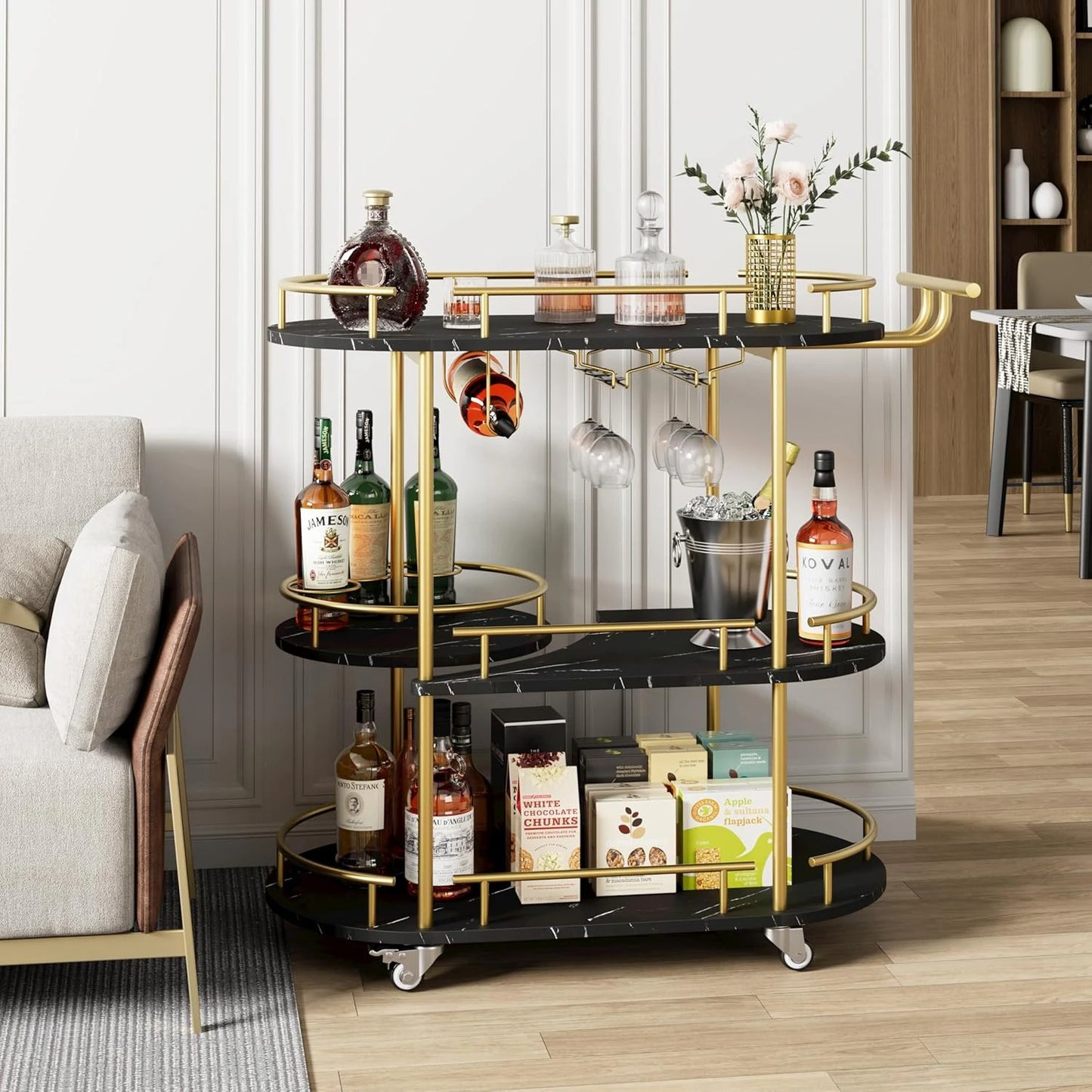 Gold 3-Tier Bar Cart with Wine Rack & Glass Holder