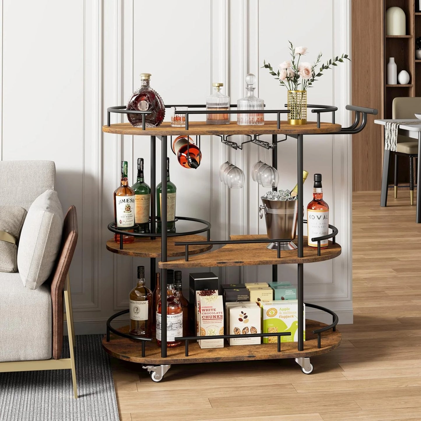 Gold 3-Tier Bar Cart with Wine Rack & Glass Holder