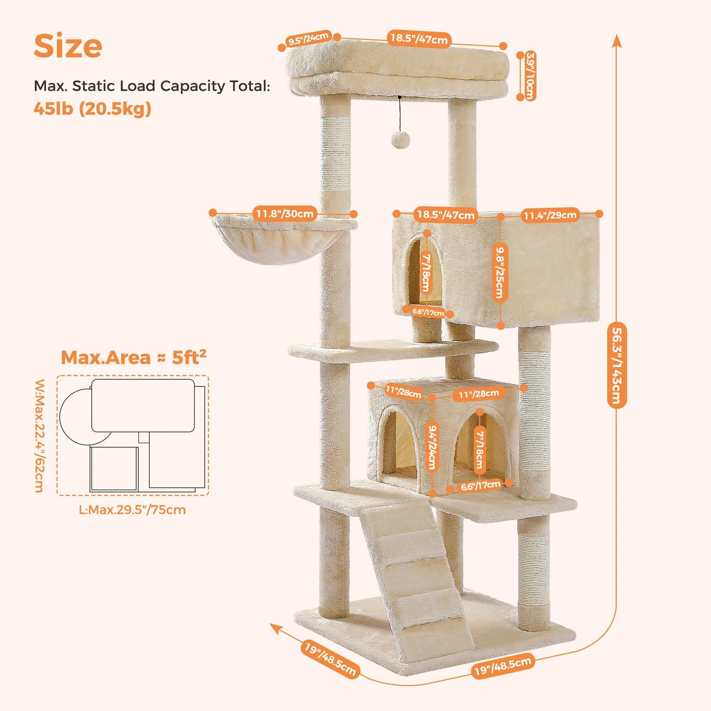 Cat Tree Tower with Plush Perch, Hammock & Sisal Scratching Posts