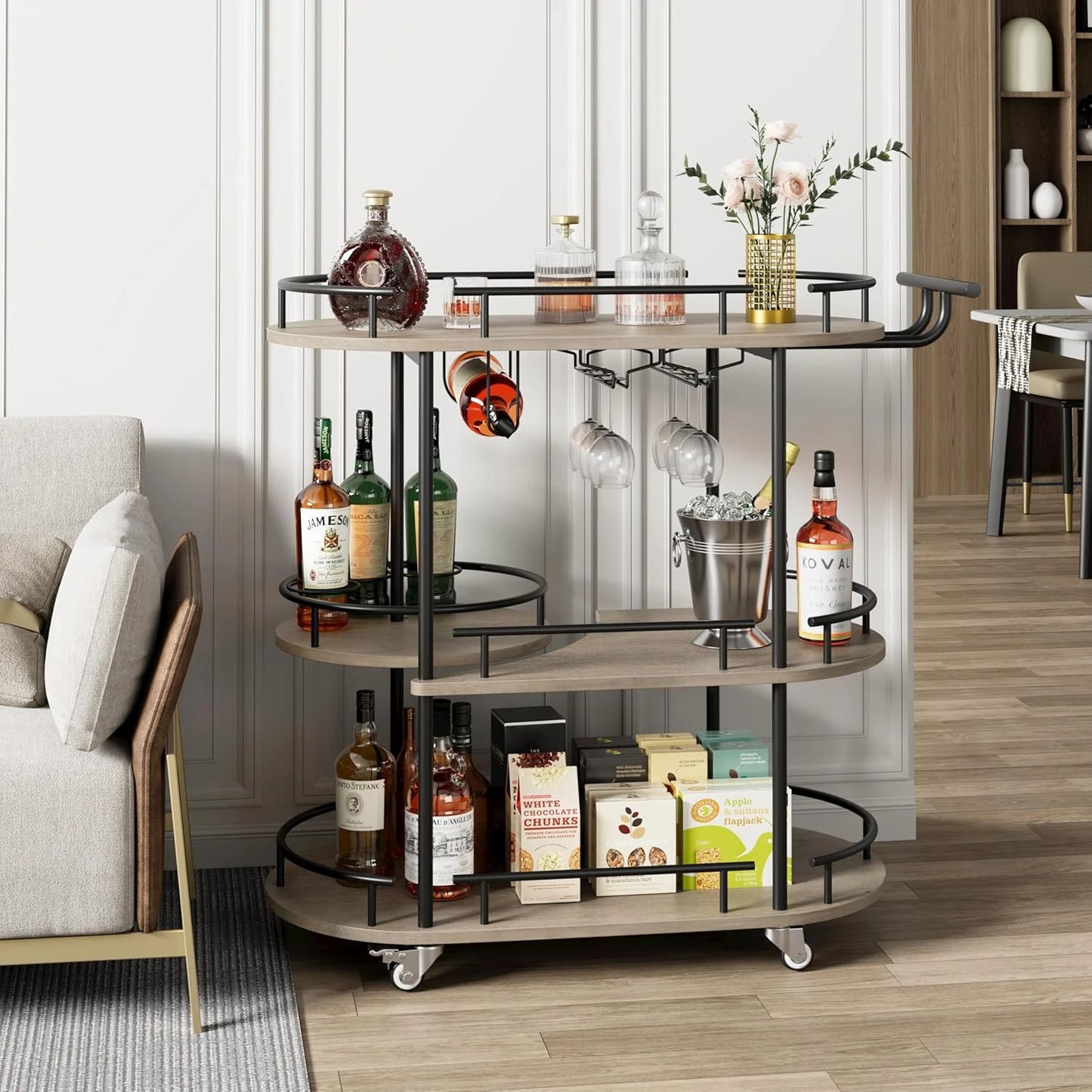 Gold 3-Tier Bar Cart with Wine Rack & Glass Holder